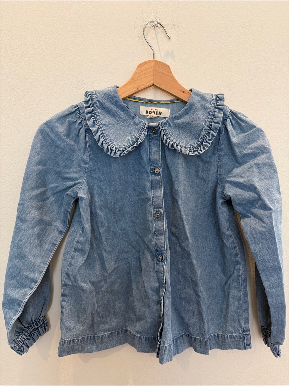 Mini Boden Light Blue Denim Jacket with Ruffle Collar